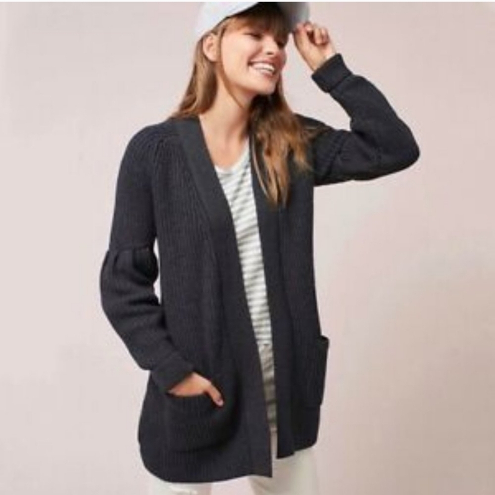ANTHROPOLOGIE KNITTED & KNOTTED DARK Gray MAJELLA Open Front WOOL BLEND CARDIGAN - Picture 1 of 16